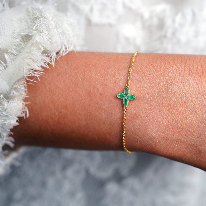 Armband Flora Vier Blaadjes Groene Onyx Goud