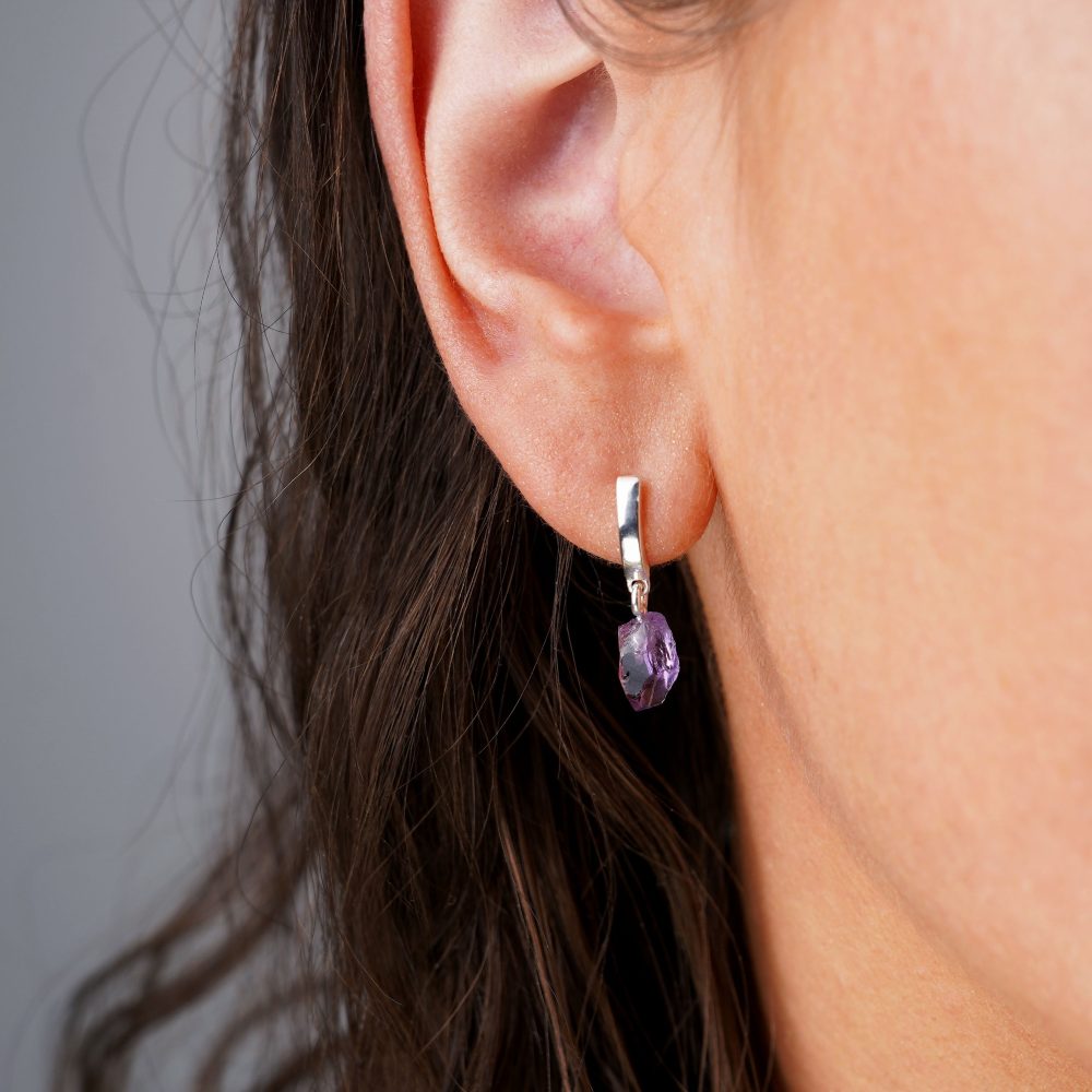 Silver earrings with Amethyst which is thye birthstone of February. Amethyst gemstone earrings in silver.